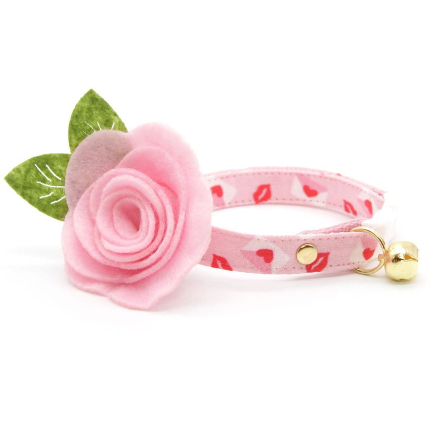 Cat Collar + Flower Set - "Sealed With A Kiss" - Pink Love Letter Valentine's Day Cat Collar w/ Baby Pink Felt Flower (Detachable)