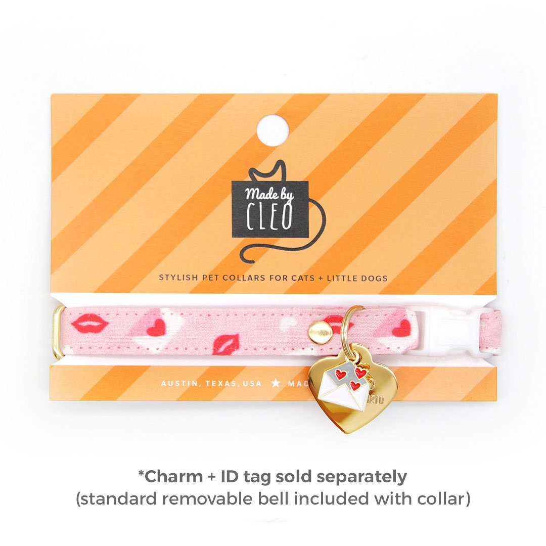 Cat Collar - "Sealed With A Kiss" - Pink Valentine's Day Cat Collar / Love Letter, Heart Mail / Breakaway Buckle or Non-Breakaway / Cat, Kitten + Small Dog Sizes
