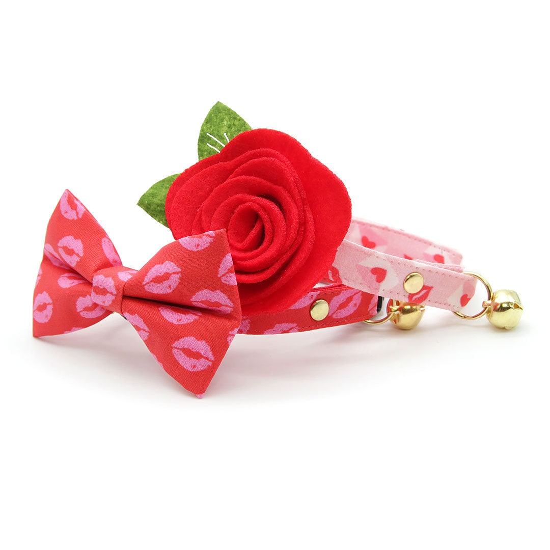 Bow Tie Cat Collar Set - "Pucker Up" - Red Valentine's Day Cat Collar w/ Matching Bowtie / Lipstick Kisses / Cat, Kitten, Small Dog Sizes