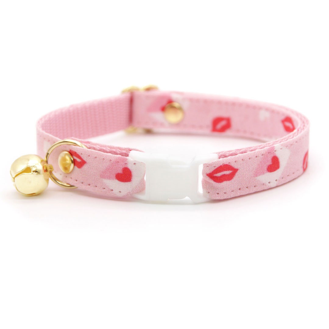 Bow Tie Cat Collar Set - "Sealed With A Kiss" - Pink Valentine's Day Cat Collar w/ Matching Bowtie / Love Letter Heart Mail / Cat, Kitten, Small Dog Sizes