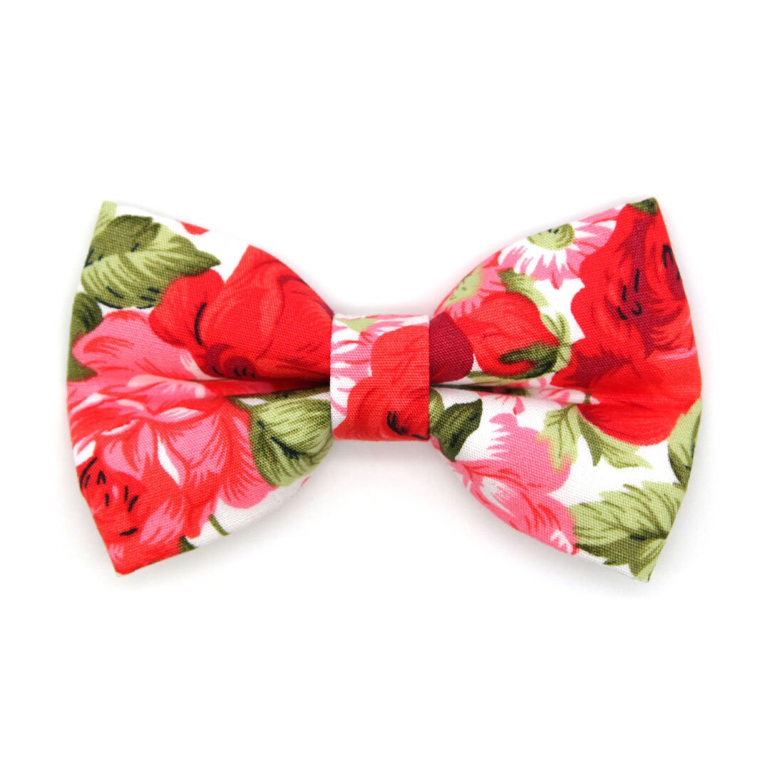 Bow Tie Cat Collar Set - "Roses" - Red Rose Cat Collar w/ Matching Bowtie / Valentine's Day, Floral, Wedding / Cat, Kitten, Small Dog Sizes