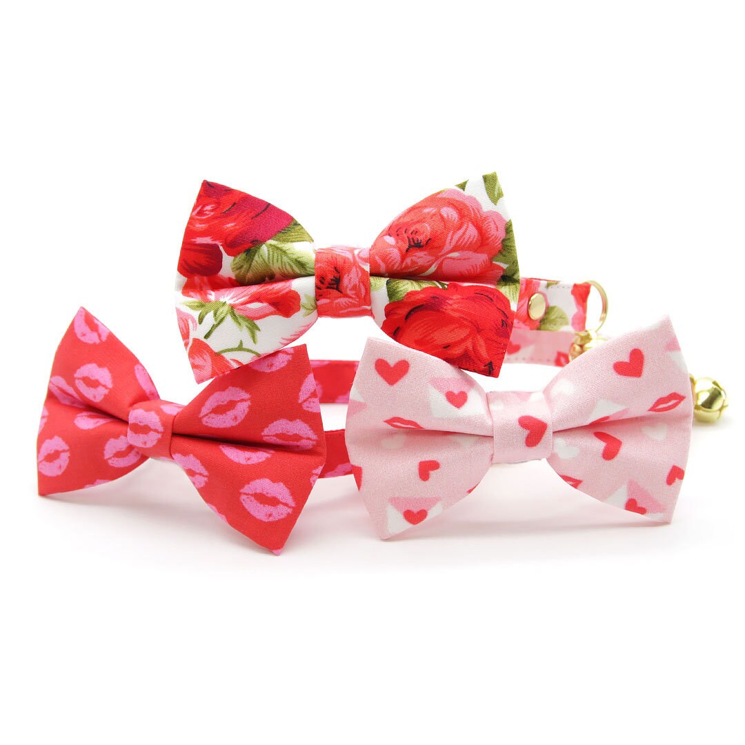 Bow Tie Cat Collar Set - "Roses" - Red Rose Cat Collar w/ Matching Bowtie / Valentine's Day, Floral, Wedding / Cat, Kitten, Small Dog Sizes