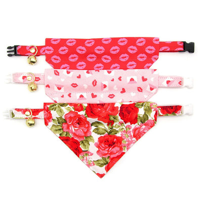Pet Bandana - "Roses" - Red Rose Bandana for Cat + Small Dog / Valentine's Day, Wedding, Floral / Slide-on Bandana / Over-the-Collar (One Size)