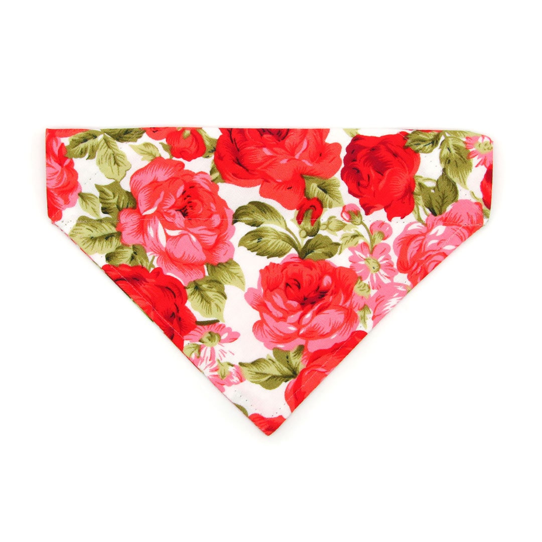 Pet Bandana - "Roses" - Red Rose Bandana for Cat + Small Dog / Valentine's Day, Wedding, Floral / Slide-on Bandana / Over-the-Collar (One Size)