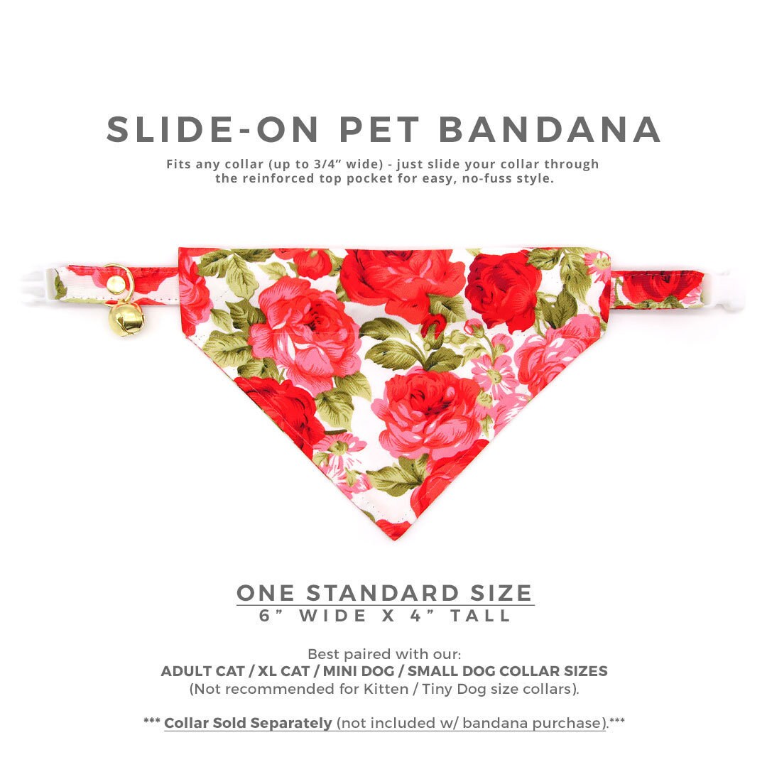 Pet Bandana - "Roses" - Red Rose Bandana for Cat + Small Dog / Valentine's Day, Wedding, Floral / Slide-on Bandana / Over-the-Collar (One Size)