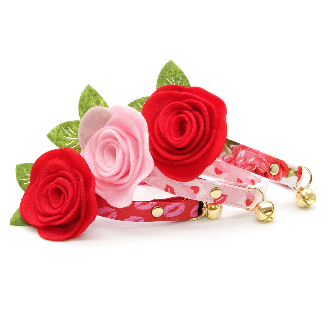 Cat Collar + Flower Set - "Roses" - Red Rose Cat Collar w/ Scarlet Red Felt Flower (Detachable)