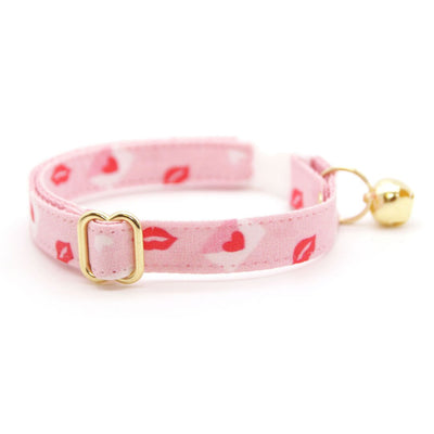 Cat Collar + Flower Set - "Sealed With A Kiss" - Pink Love Letter Valentine's Day Cat Collar w/ Baby Pink Felt Flower (Detachable)