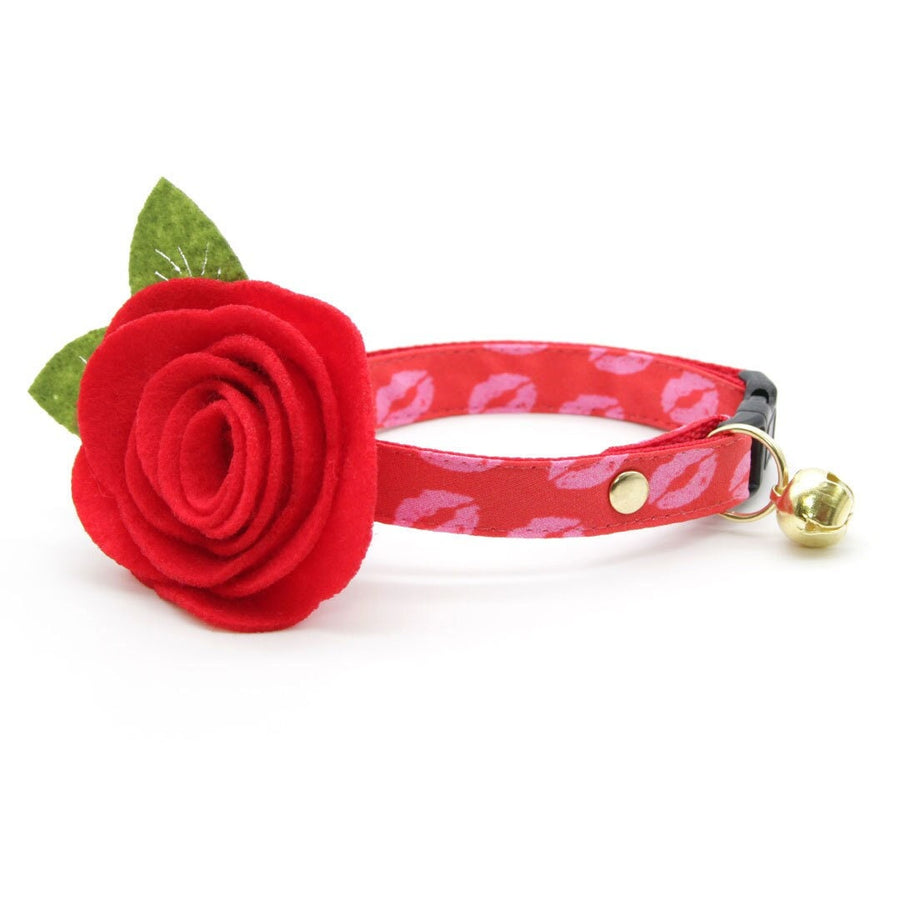Cat Collar + Flower Set - "Pucker Up" - Lipstick Kiss Valentine's Day Cat Collar w/ Scarlet Red Felt Flower (Detachable)