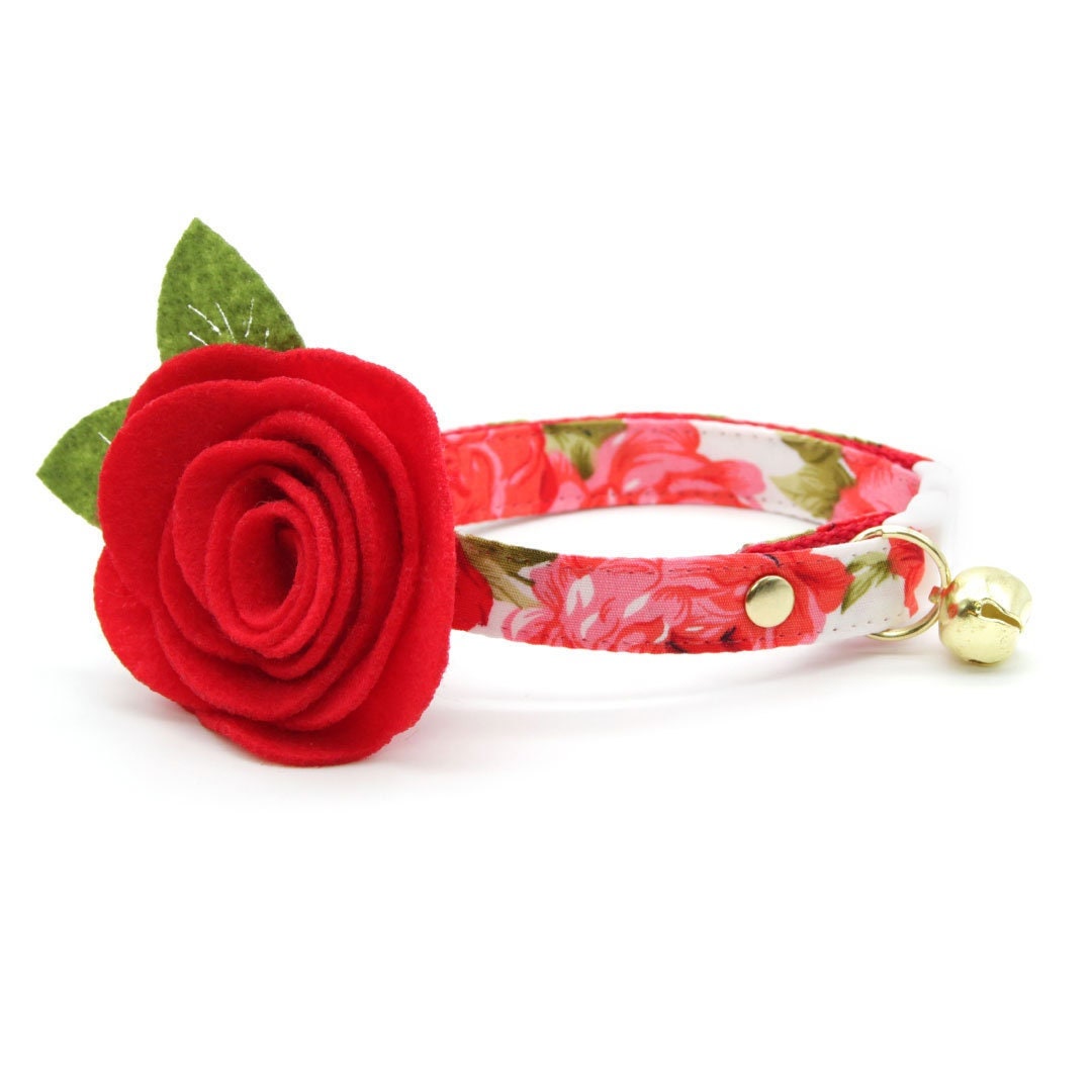 Cat Collar + Flower Set - "Roses" - Red Rose Cat Collar w/ Scarlet Red Felt Flower (Detachable)