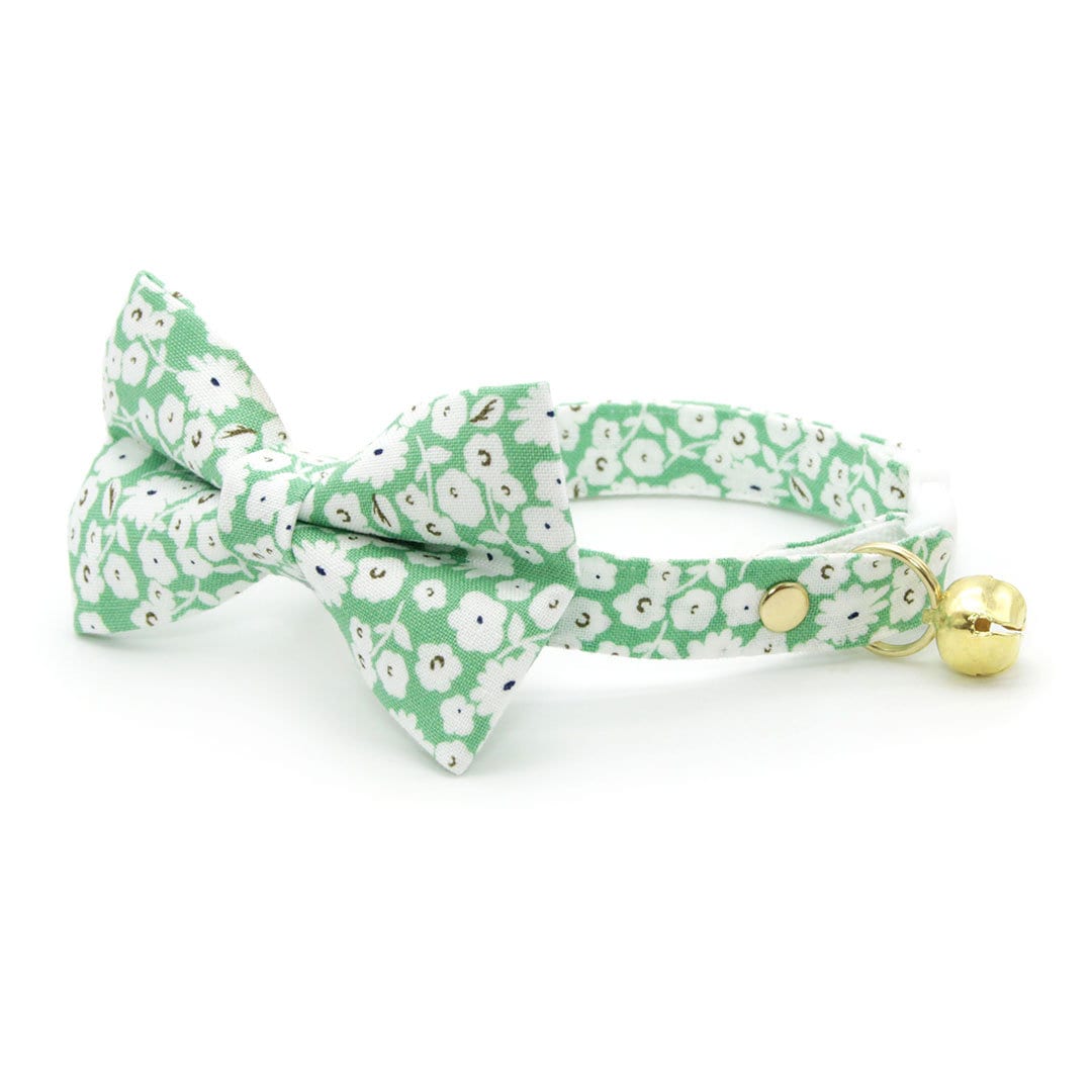 Cat Collar - "Apple Blossom" - Light Green Floral Cat Collar / Spring, Easter, Summer / Breakaway Buckle or Non-Breakaway / Cat, Kitten + Small Dog Sizes