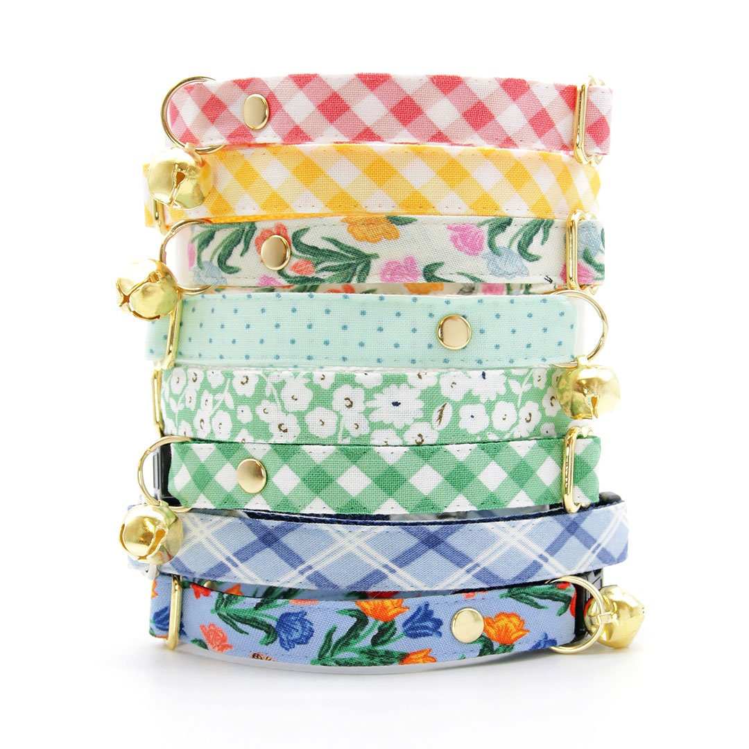 Cat Collar - "Picnic" - Gingham Plaid Yellow Cat Collar / Spring, Easter, Summer / Breakaway Buckle or Non-Breakaway / Cat, Kitten + Small Dog Sizes