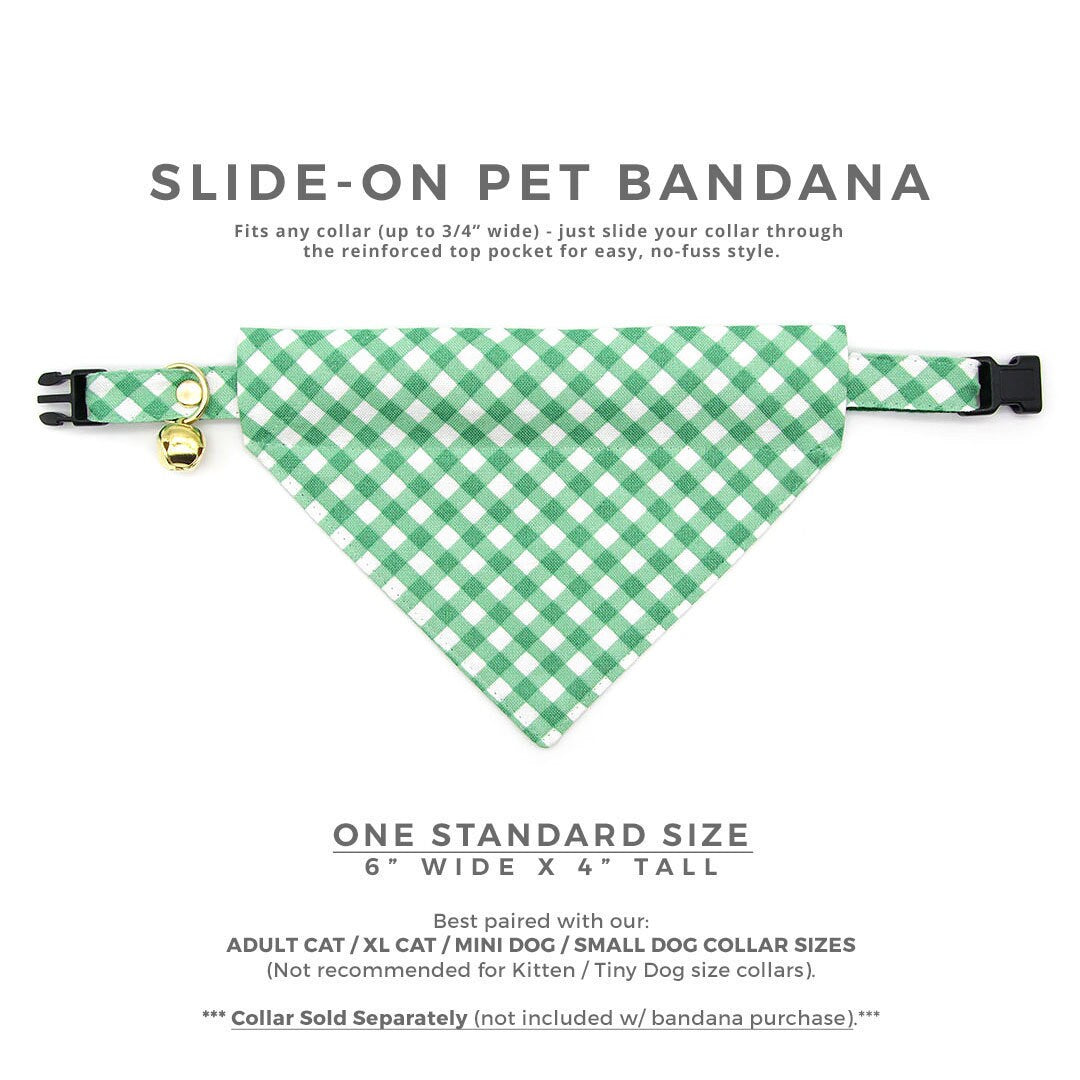 Pet Bandana - "Derby" - Gingham Green Bandana for Cat + Small Dog / Spring, St. Patrick's Day, Summer / Slide-on Bandana / Over-the-Collar (One Size)