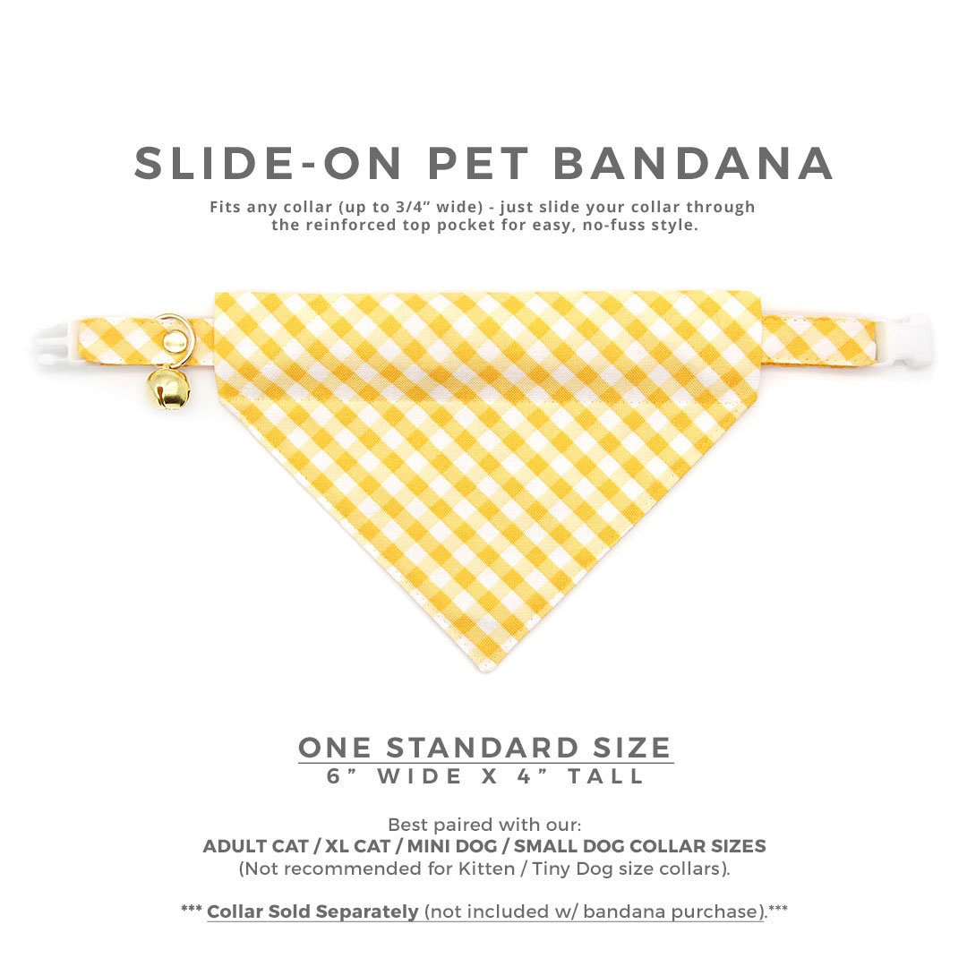 Pet Bandana - "Picnic" - Gingham Yellow Bandana for Cat + Small Dog / Spring, Easter, Summer / Slide-on Bandana / Over-the-Collar (One Size)
