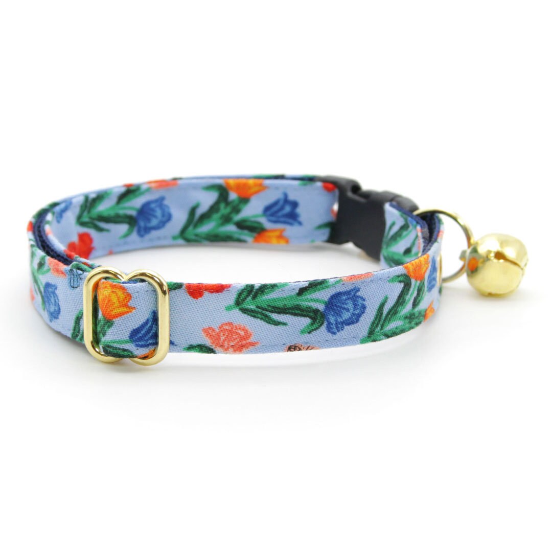 Cat Collar - "Tulip Fields - Periwinkle" - Rifle Paper Co® Fabric Blue Floral Cat Collar / Spring + Easter / Breakaway Buckle or Non-Breakaway / Cat, Kitten + Small Dog Sizes