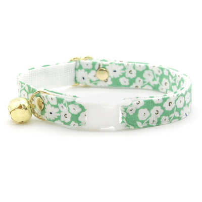 Cat Collar + Flower Set - "Apple Blossom" - Light Green Floral Cat Collar w/ Ivory Felt Flower (Detachable)