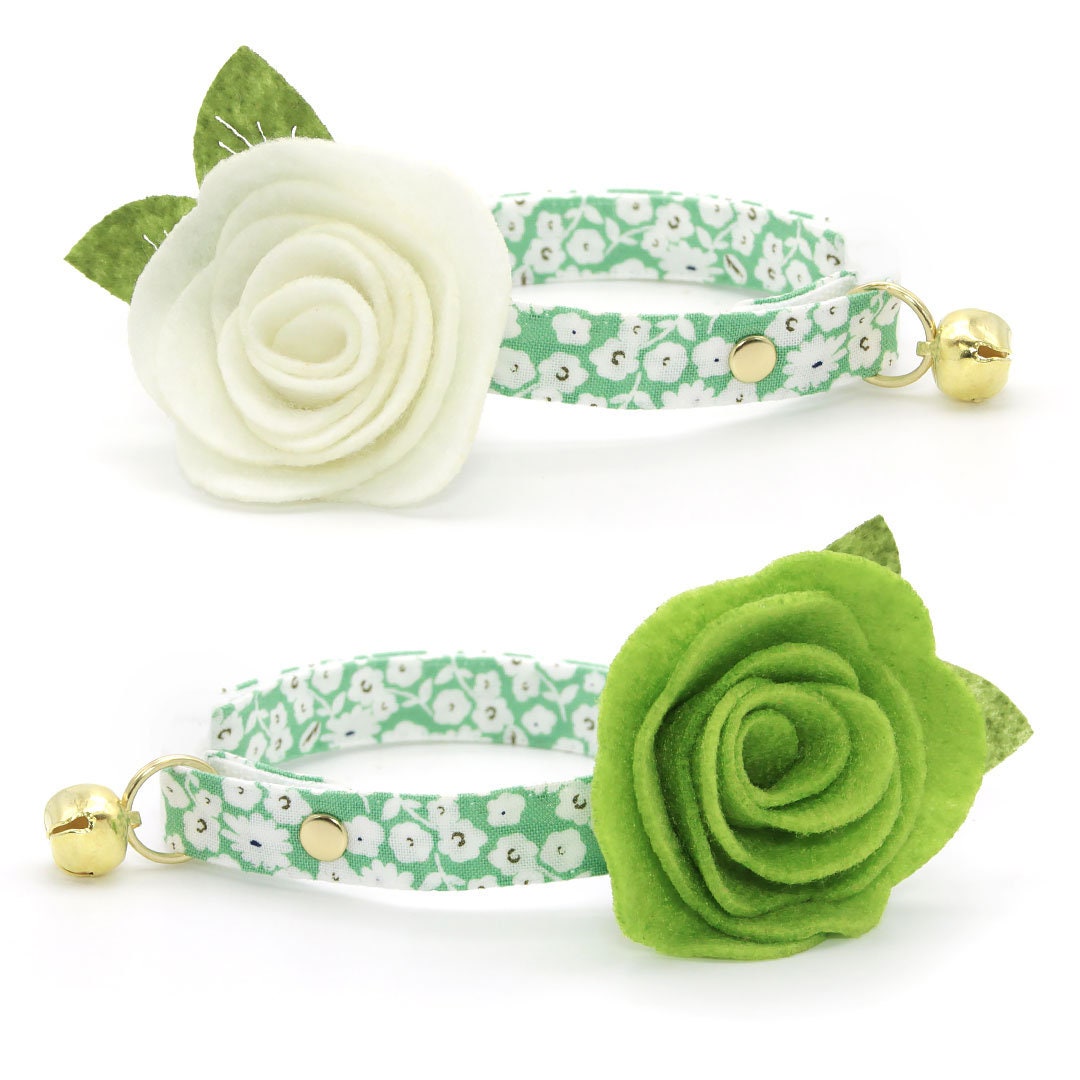 Cat Collar + Flower Set - "Apple Blossom" - Light Green Floral Cat Collar w/ Ivory Felt Flower (Detachable)