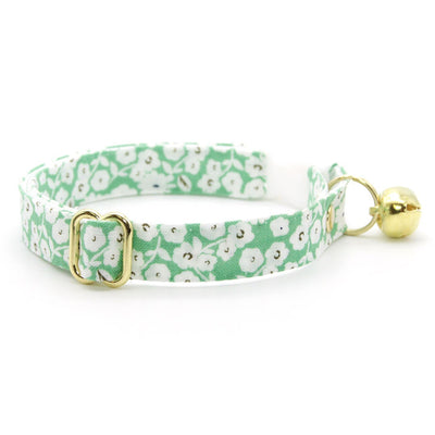 Cat Collar + Flower Set - "Apple Blossom" - Light Green Floral Cat Collar w/ Ivory Felt Flower (Detachable)