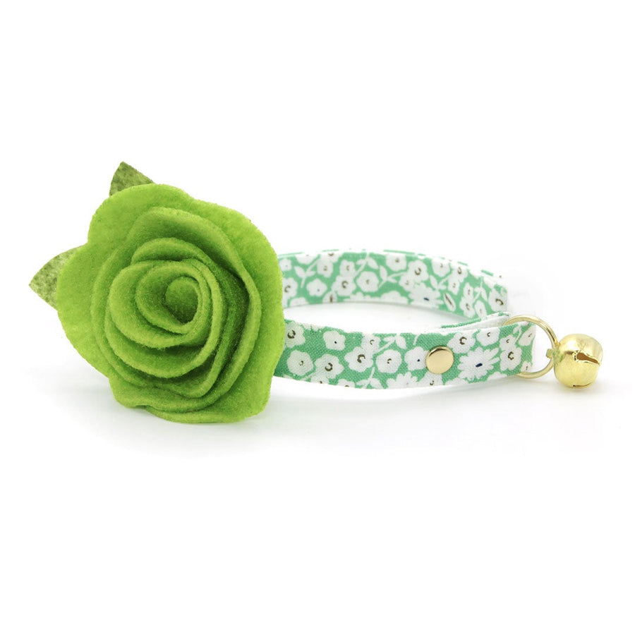 Cat Collar + Flower Set - "Apple Blossom" - Floral Pastel Green Cat Collar w/ Leaf Green Felt Flower (Detachable)