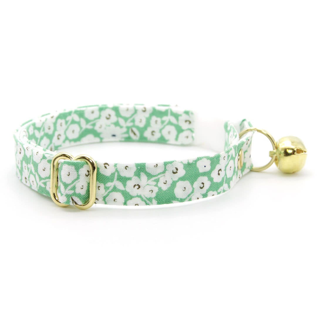Bow Tie Cat Collar Set - "Apple Blossom" - Light Green Floral Cat Collar w/ Matching Bowtie / Spring, Easter, Wedding / Cat, Kitten, Small Dog Sizes