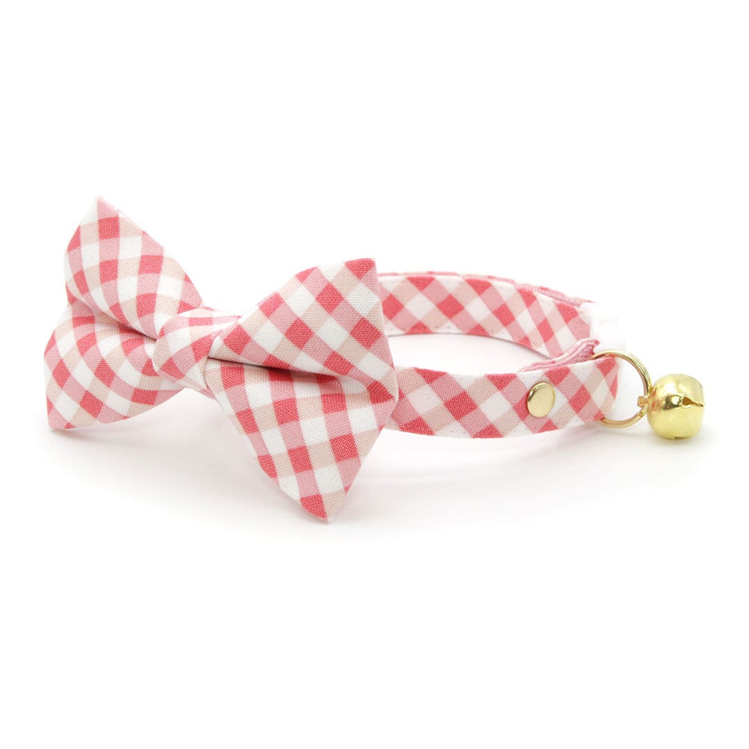 Bow Tie Cat Collar Set - "Coquette" - Pink Gingham Cat Collar w/ Matching Bowtie / Spring, Easter, Wedding / Cat, Kitten, Small Dog Sizes