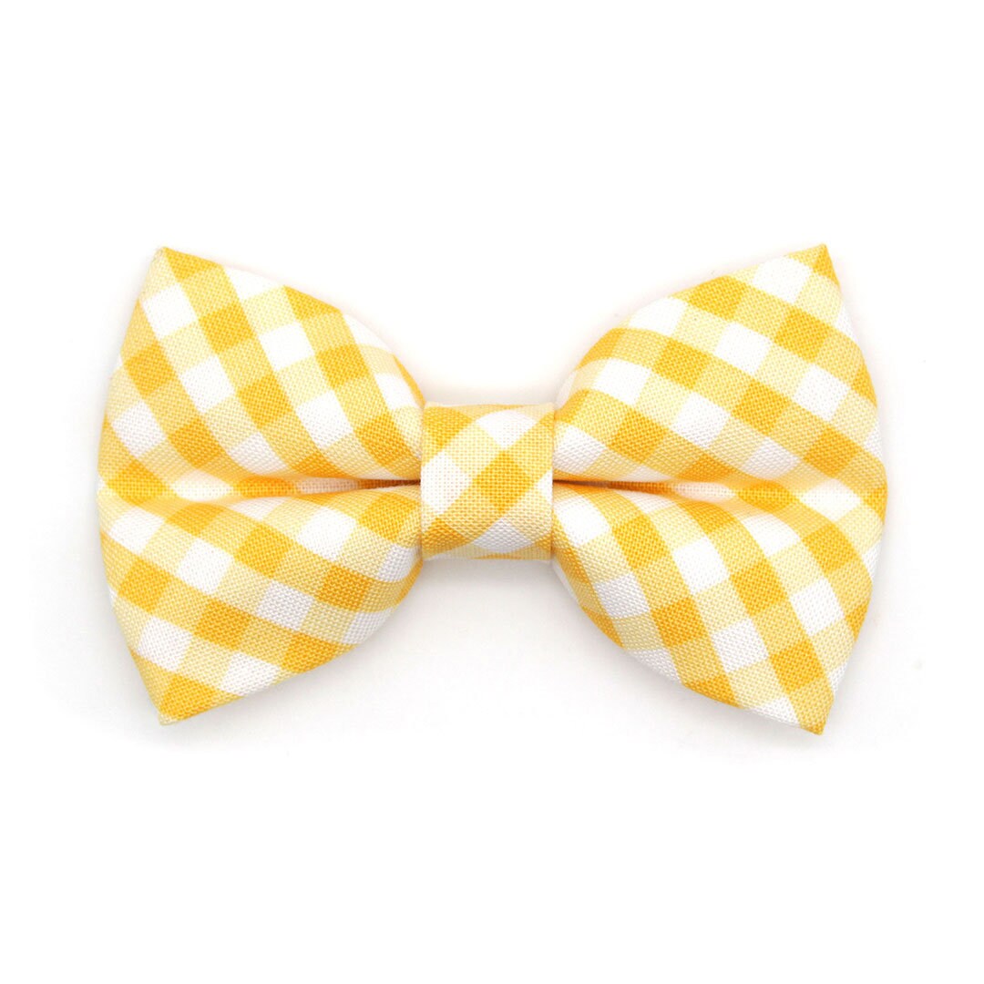 Bow Tie Cat Collar Set - "Picnic" - Gingham Plaid Yellow Cat Collar w/ Matching Bowtie / Spring, Easter, Summer, Wedding / Cat, Kitten, Small Dog Sizes
