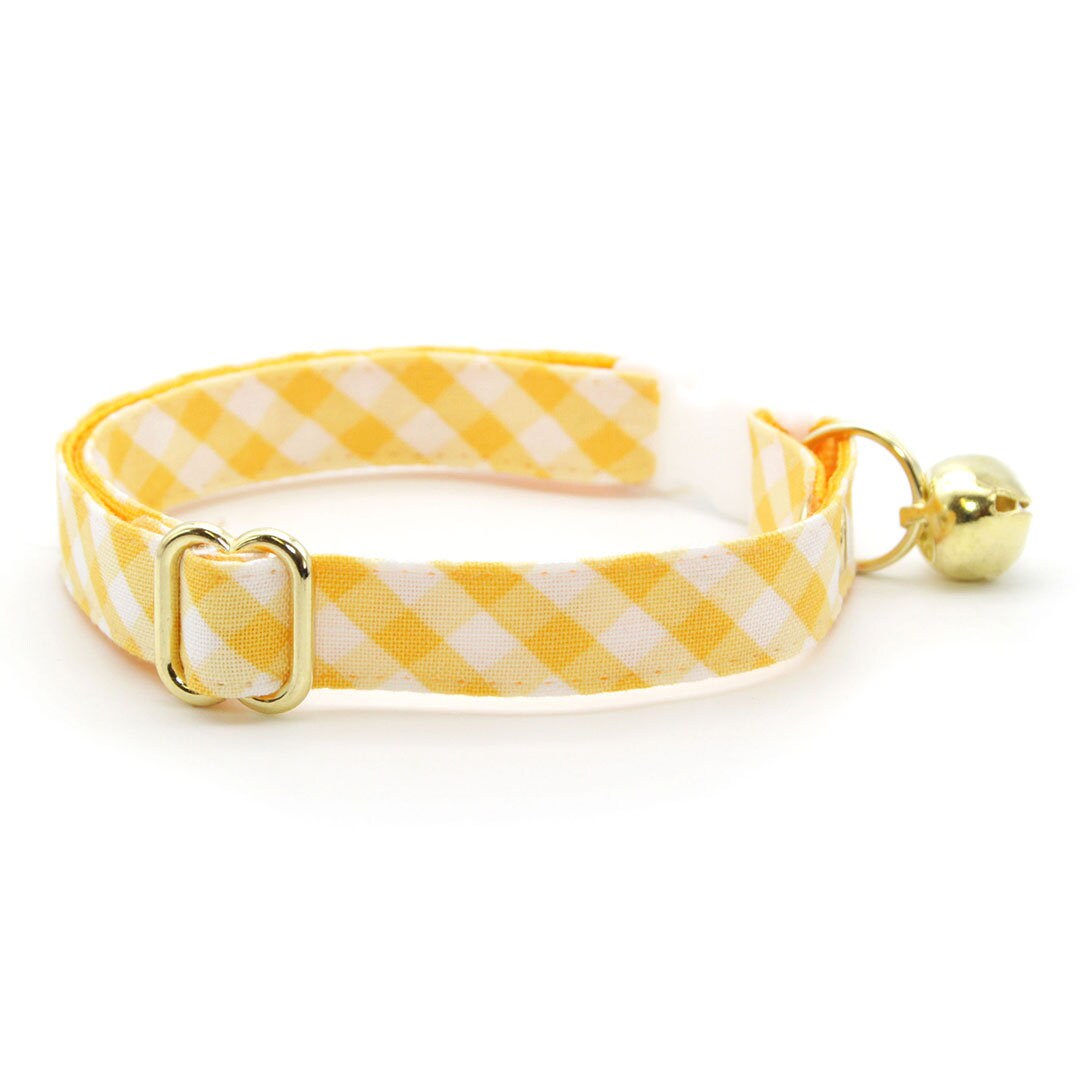 Bow Tie Cat Collar Set - "Picnic" - Gingham Plaid Yellow Cat Collar w/ Matching Bowtie / Spring, Easter, Summer, Wedding / Cat, Kitten, Small Dog Sizes
