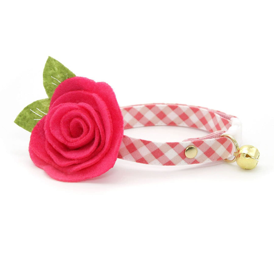Cat Collar + Flower Set - "Coquette" - Gingham Pink Cat Collar w/ Fuchsia Pink Felt Flower (Detachable)