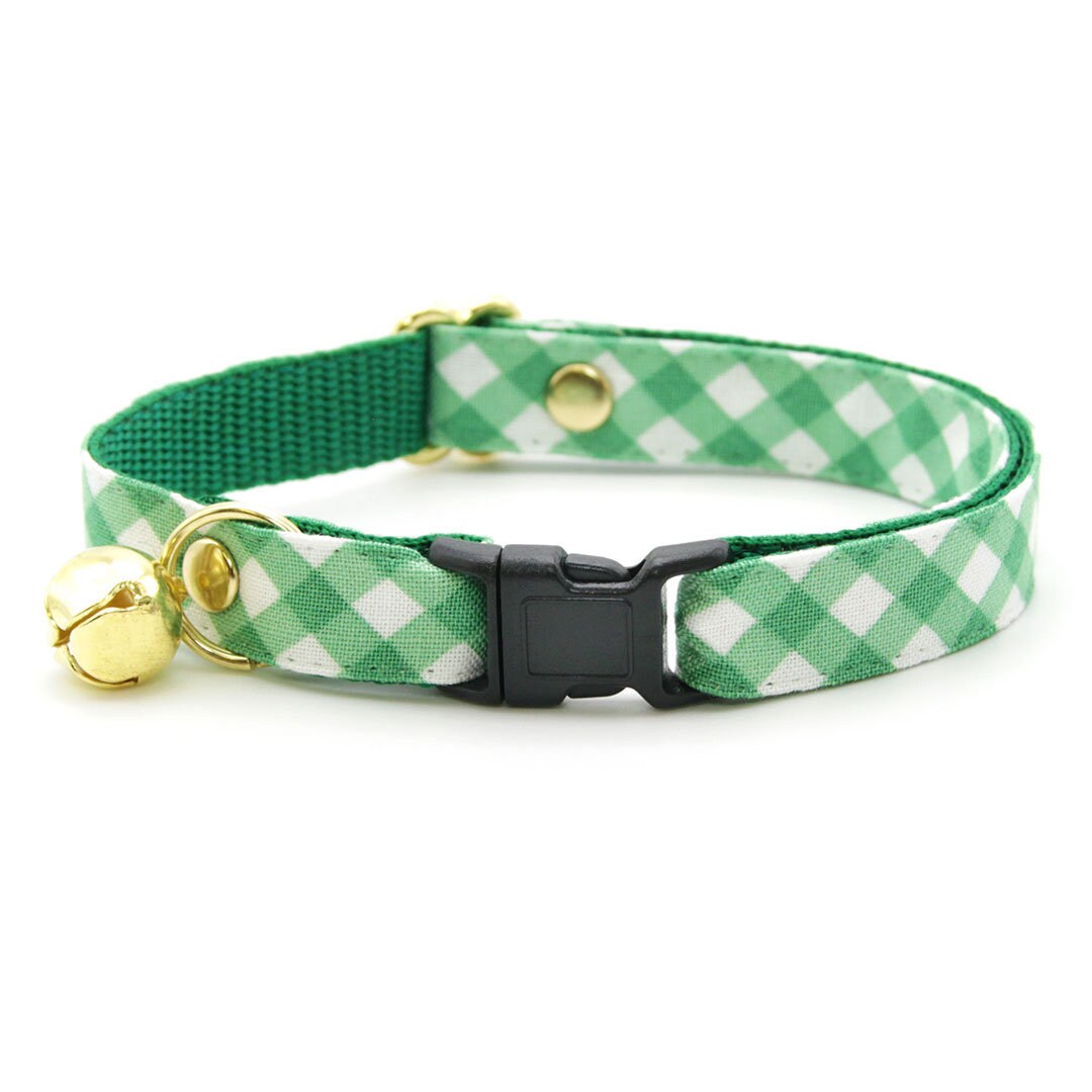 Cat Collar + Flower Set - "Derby" - Gingham Plaid Green Cat Collar w/ Clover Green Felt Flower (Detachable)