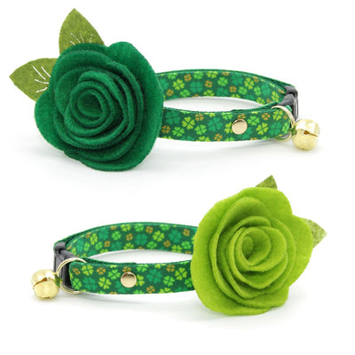 Cat Collar + Flower Set - "Clover Leaf" - St. Patrick's Day Green & Gold Cat Collar w/ Clover Green Felt Flower (Detachable)