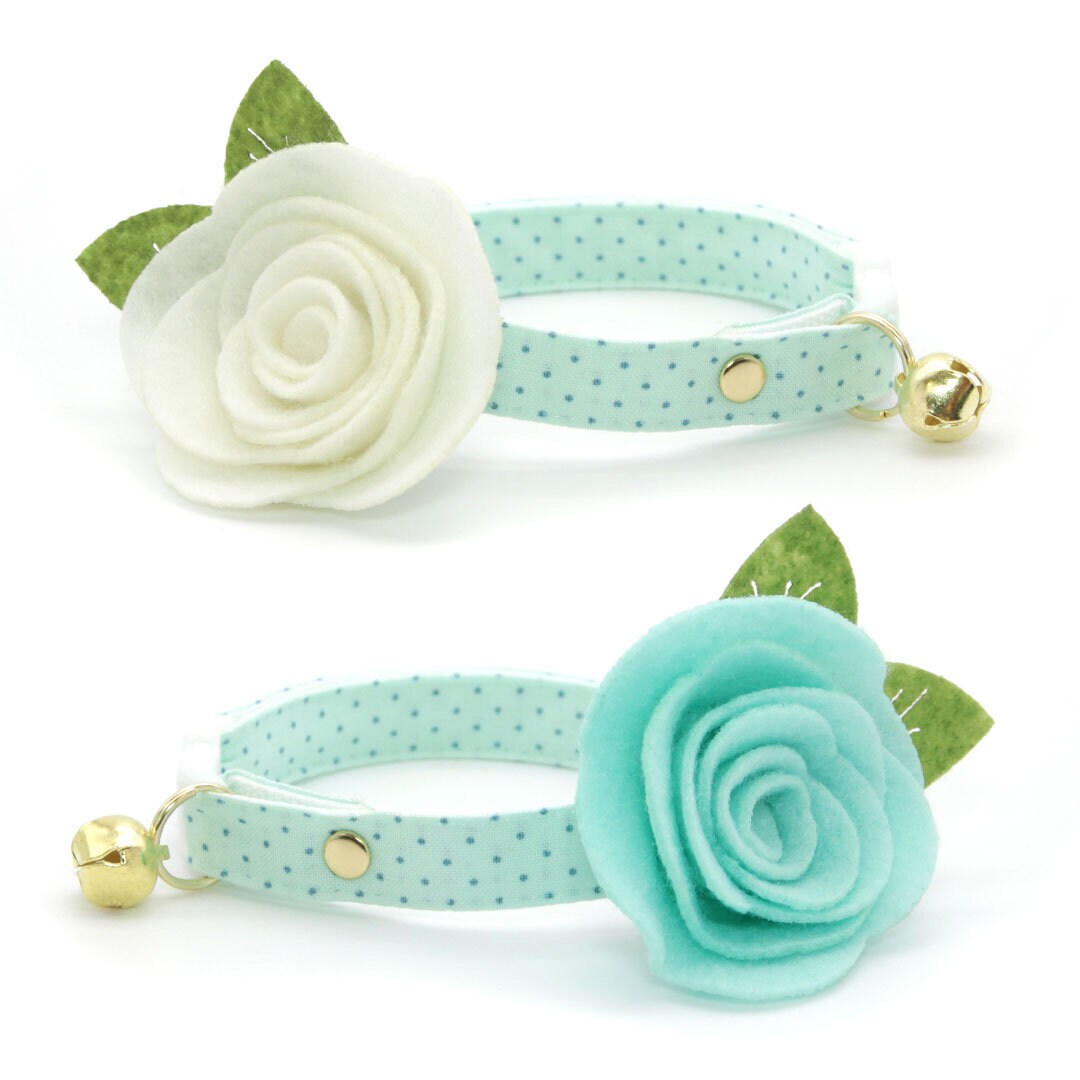 Cat Collar + Flower Set - "Mint To Be" - Pastel Polka Dot Cat Collar w/ Mint Felt Flower (Detachable)