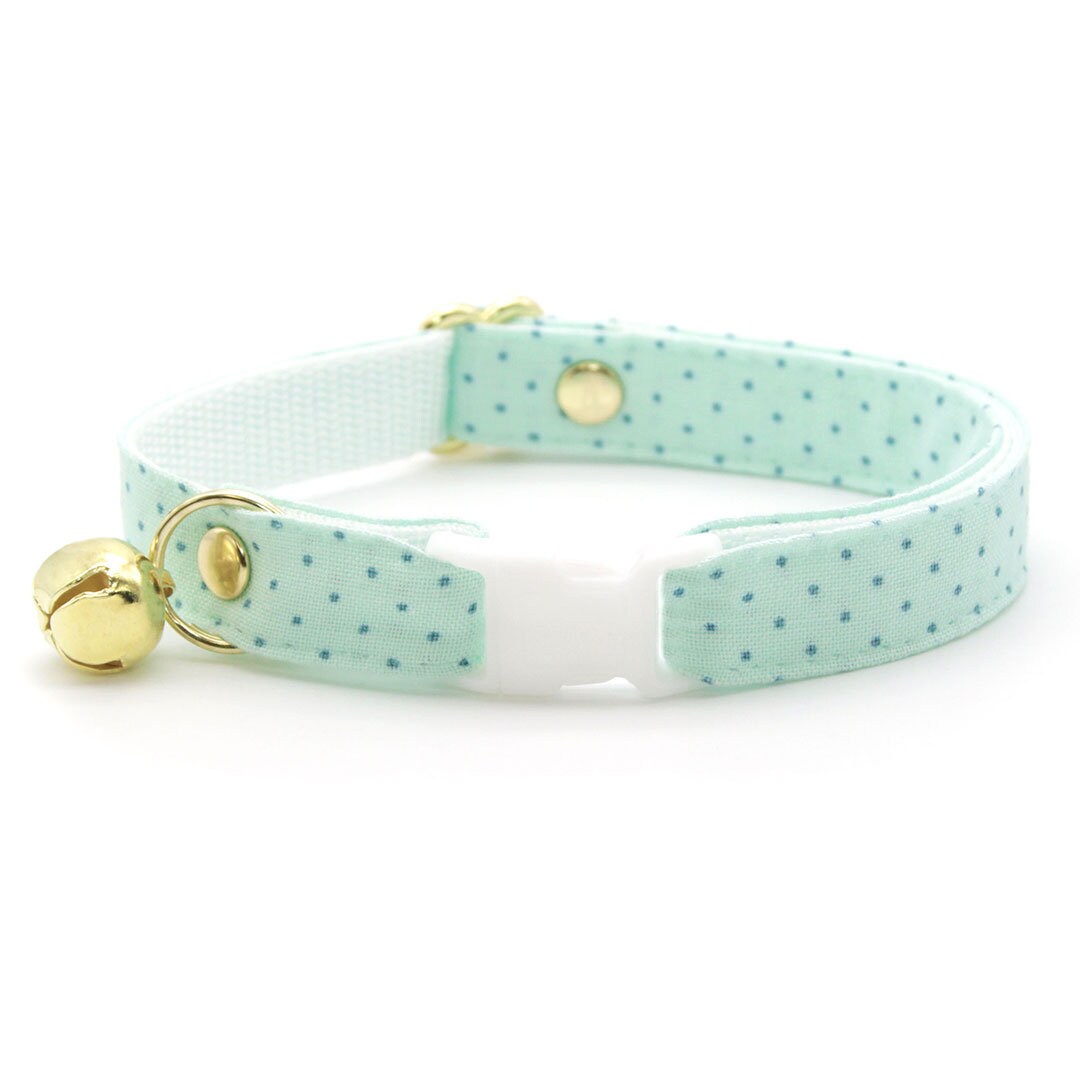 Cat Collar + Flower Set - "Mint To Be" - Pastel Polka Dot Cat Collar w/ Ivory Felt Flower (Detachable)