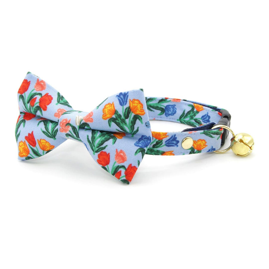 Bow Tie Cat Collar Set - "Tulip Fields - Periwinkle" - Rifle Paper Co® Fabric Blue Floral Cat Collar w/ Matching Bowtie / Spring, Easter / Cat, Kitten, Small Dog Sizes