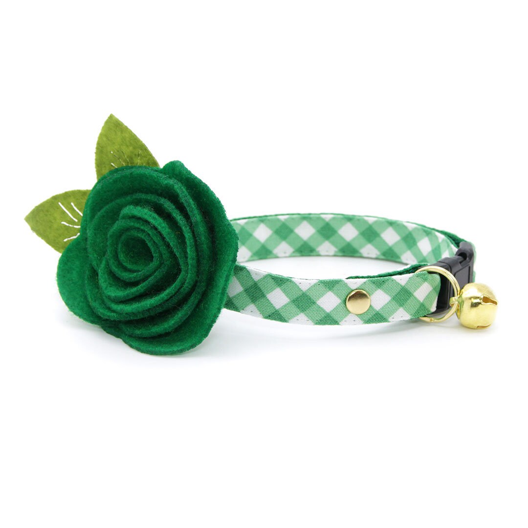 Cat Collar - "Derby" - Gingham Plaid Green Cat Collar / St. Patrick's Day, Spring / Breakaway Buckle or Non-Breakaway / Cat, Kitten + Small Dog Sizes