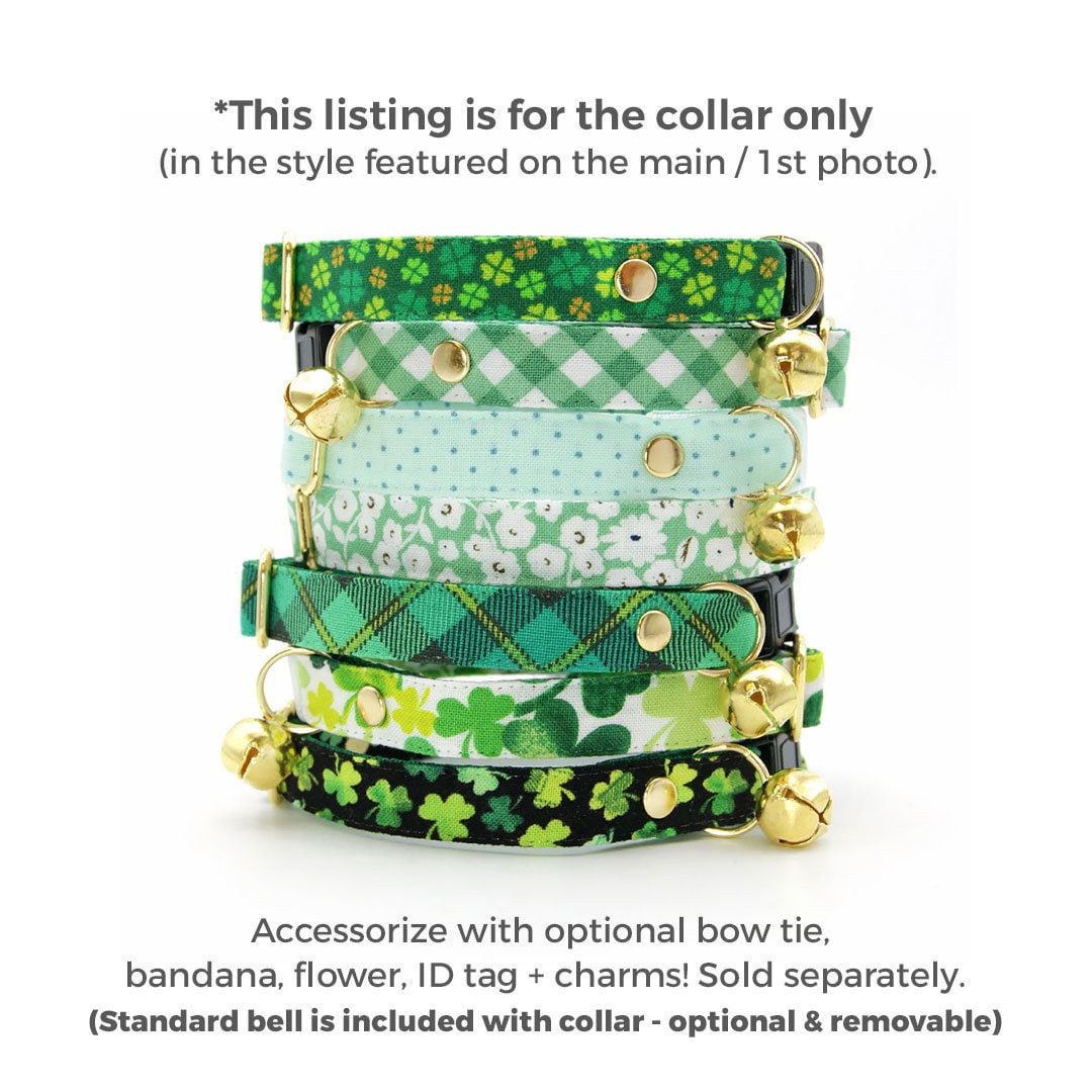 Cat Collar - "Derby" - Gingham Plaid Green Cat Collar / St. Patrick's Day, Spring / Breakaway Buckle or Non-Breakaway / Cat, Kitten + Small Dog Sizes