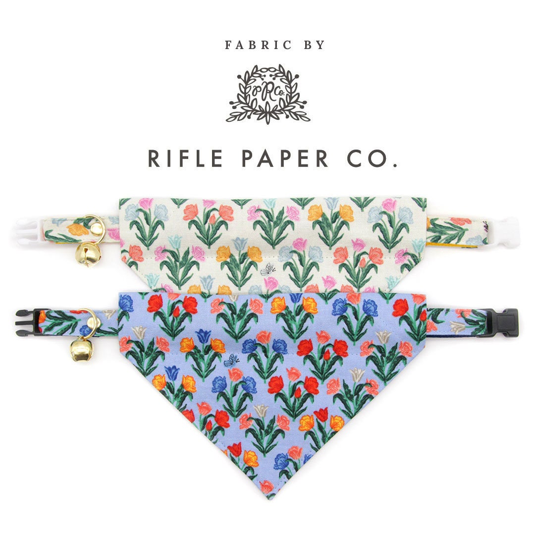 Pet Bandana - "Tulip Fields - Periwinkle" - Rifle Paper Co® Blue Floral Bandana for Cat + Small Dog / Spring, Easter / Slide-on Bandana / Over-the-Collar (One Size)
