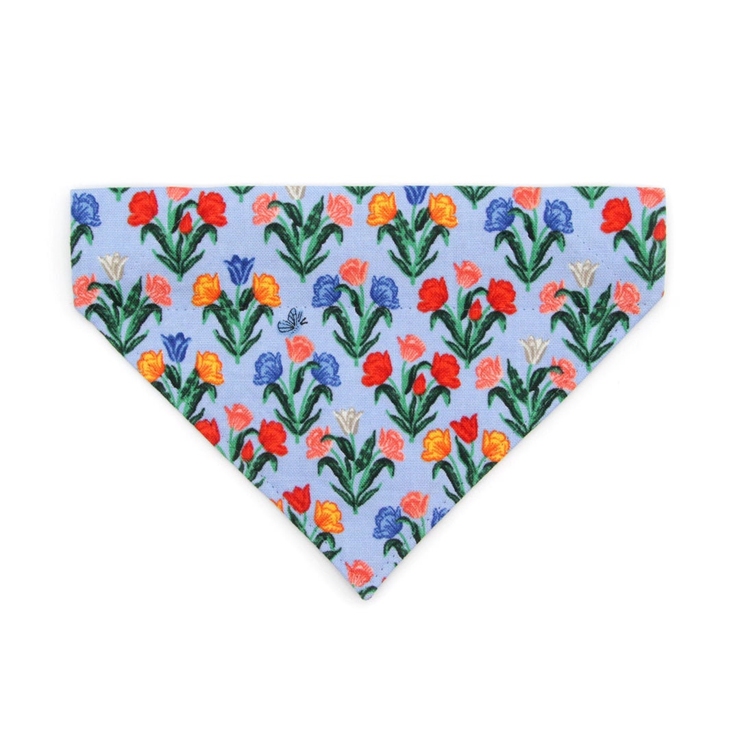 Pet Bandana - "Tulip Fields - Periwinkle" - Rifle Paper Co® Blue Floral Bandana for Cat + Small Dog / Spring, Easter / Slide-on Bandana / Over-the-Collar (One Size)