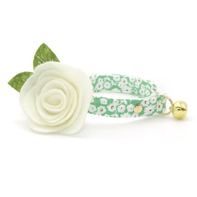 Cat Collar + Flower Set - "Apple Blossom" - Light Green Floral Cat Collar w/ Ivory Felt Flower (Detachable)