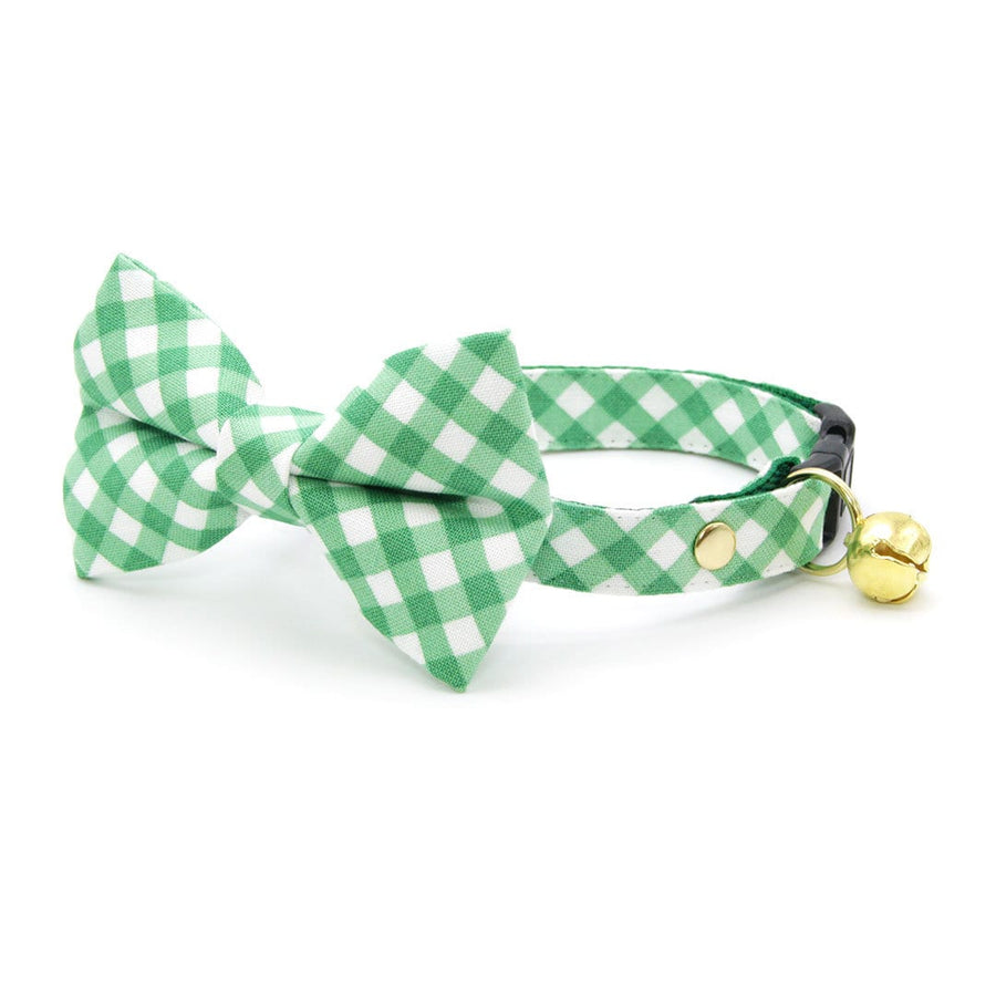 Bow Tie Cat Collar Set - "Derby" - Gingham Plaid Green Cat Collar w/ Matching Bowtie / Spring, St. Patrick's Day, Wedding / Cat, Kitten, Small Dog Sizes