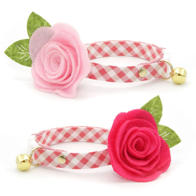 Cat Collar + Flower Set - "Coquette" - Gingham Pink Cat Collar w/ Fuchsia Pink Felt Flower (Detachable)