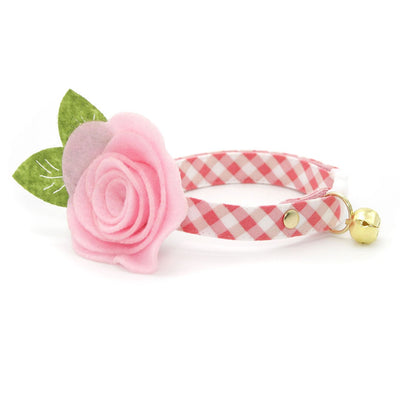 Cat Collar + Flower Set - "Coquette" - Gingham Pink Cat Collar w/ Baby Pink Felt Flower (Detachable)