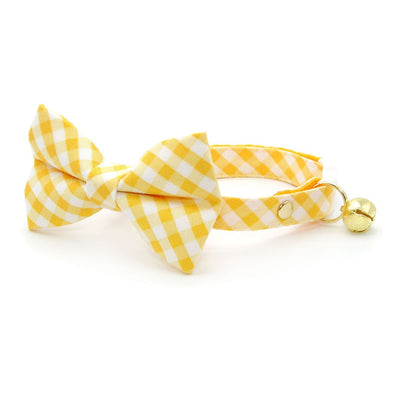 Bow Tie Cat Collar Set - "Picnic" - Gingham Plaid Yellow Cat Collar w/ Matching Bowtie / Spring, Easter, Summer, Wedding / Cat, Kitten, Small Dog Sizes