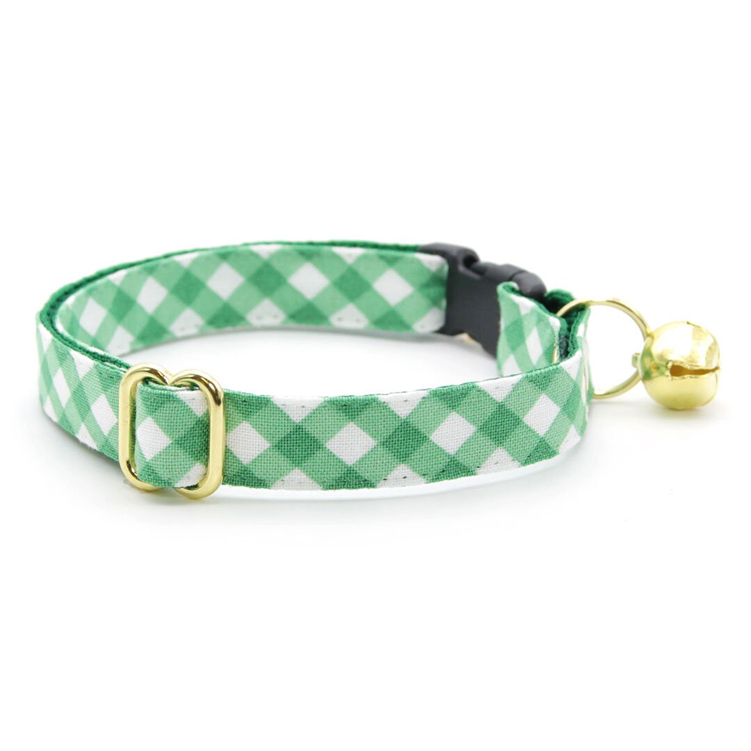 Cat Collar + Flower Set - "Derby" - Gingham Plaid Green Cat Collar w/ Clover Green Felt Flower (Detachable)
