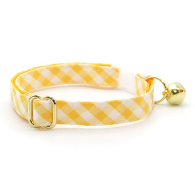 Cat Collar + Flower Set - "Picnic" - Gingham Plaid Yellow Cat Collar w/ Buttercup Yellow Felt Flower (Detachable)