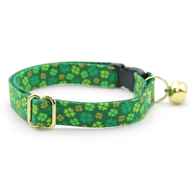 Cat Collar + Flower Set - "Clover Leaf" - St. Patrick Day Green & Gold Cat Collar w/ Leaf Green Felt Flower (Detachable)