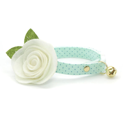 Cat Collar + Flower Set - "Mint To Be" - Pastel Polka Dot Cat Collar w/ Ivory Felt Flower (Detachable)