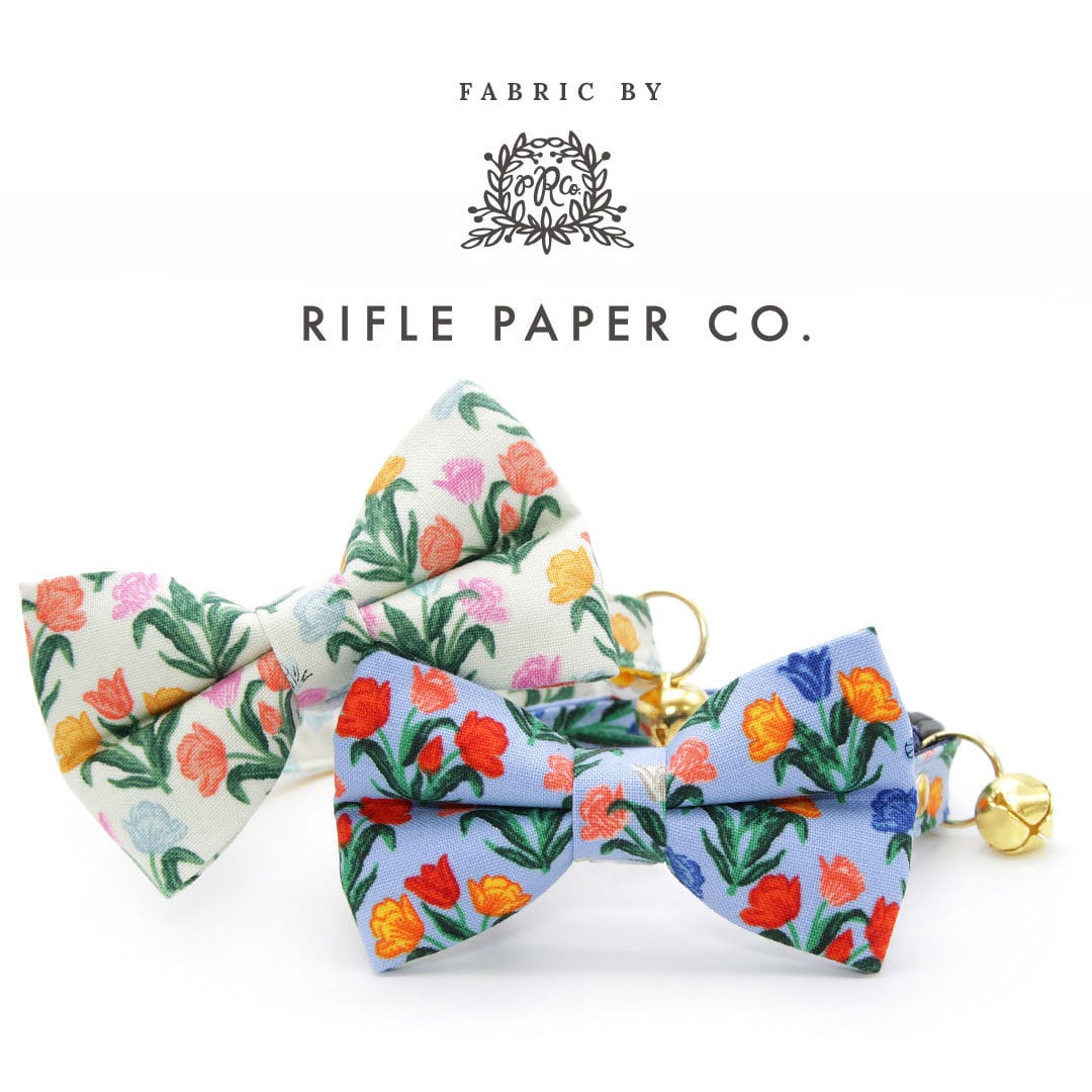 Bow Tie Cat Collar Set - "Tulip Fields - Periwinkle" - Rifle Paper Co® Fabric Blue Floral Cat Collar w/ Matching Bowtie / Spring, Easter / Cat, Kitten, Small Dog Sizes