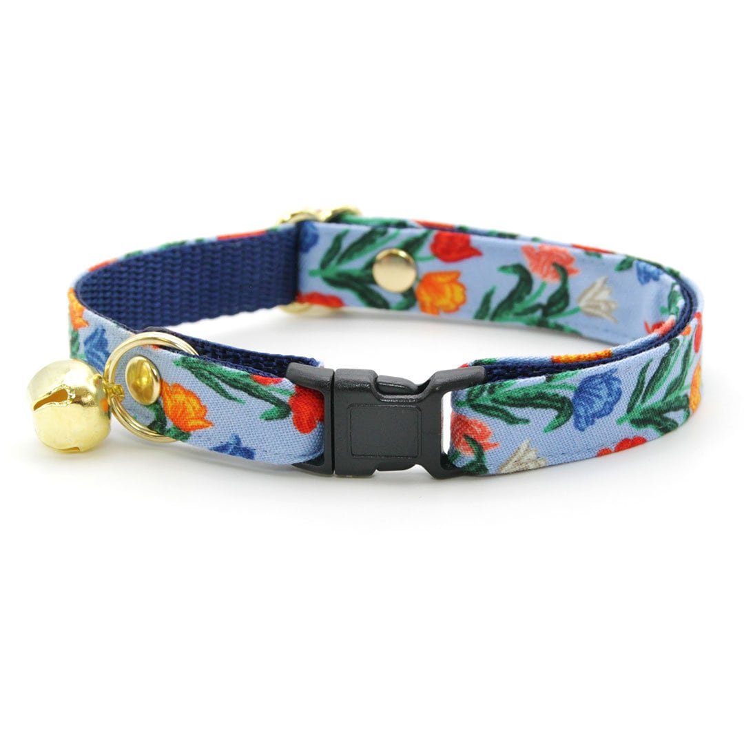 Cat Collar + Flower Set - "Tulip Fields - Periwinkle" - Rifle Paper Co® Blue Floral Cat Collar w/ Sky Blue Felt Flower (Detachable)