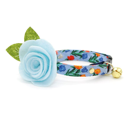 Cat Collar + Flower Set - "Tulip Fields - Periwinkle" - Rifle Paper Co® Blue Floral Cat Collar w/ Sky Blue Felt Flower (Detachable)