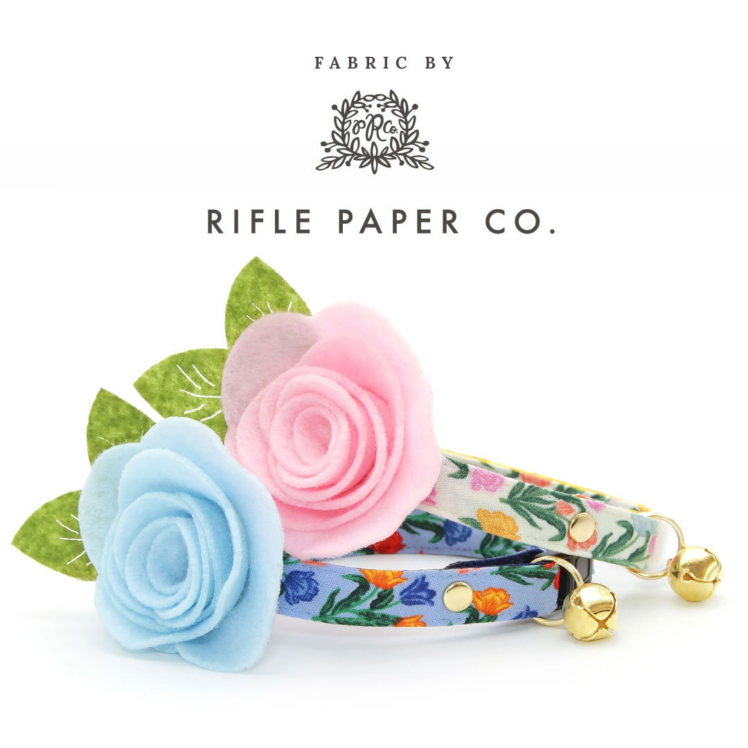 Cat Collar + Flower Set - "Tulip Fields - Periwinkle" - Rifle Paper Co® Blue Floral Cat Collar w/ Sky Blue Felt Flower (Detachable)